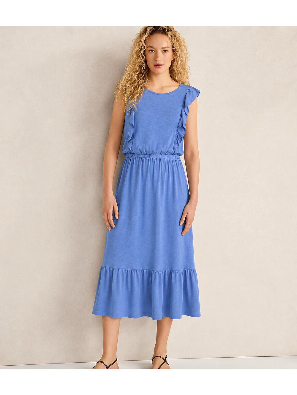 LOFT Pool Blue Tiered Ruffle soft summer knitwear Midi Dress Size M